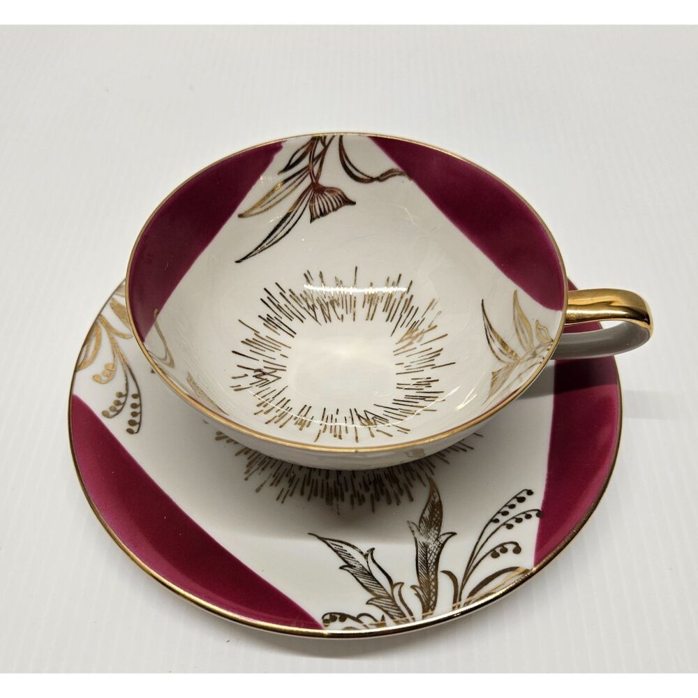 Gebruder Winterling Porcelain Tea Cup & Saucer Set Maroon Gold Floral Design MCM
